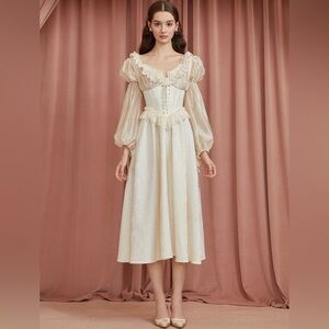 Lacemade Psyche Corset Dress Ivory Lace Jacquard Cottagecore Romantic Midi